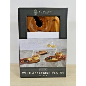 Toscana Appetizer Plates w/ Wine Glass Holder Acacia Wood Set of 4 - Open Box